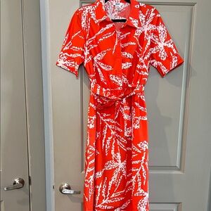 DKNY Orange and White Button-Front Dress with Self-Tie Waist